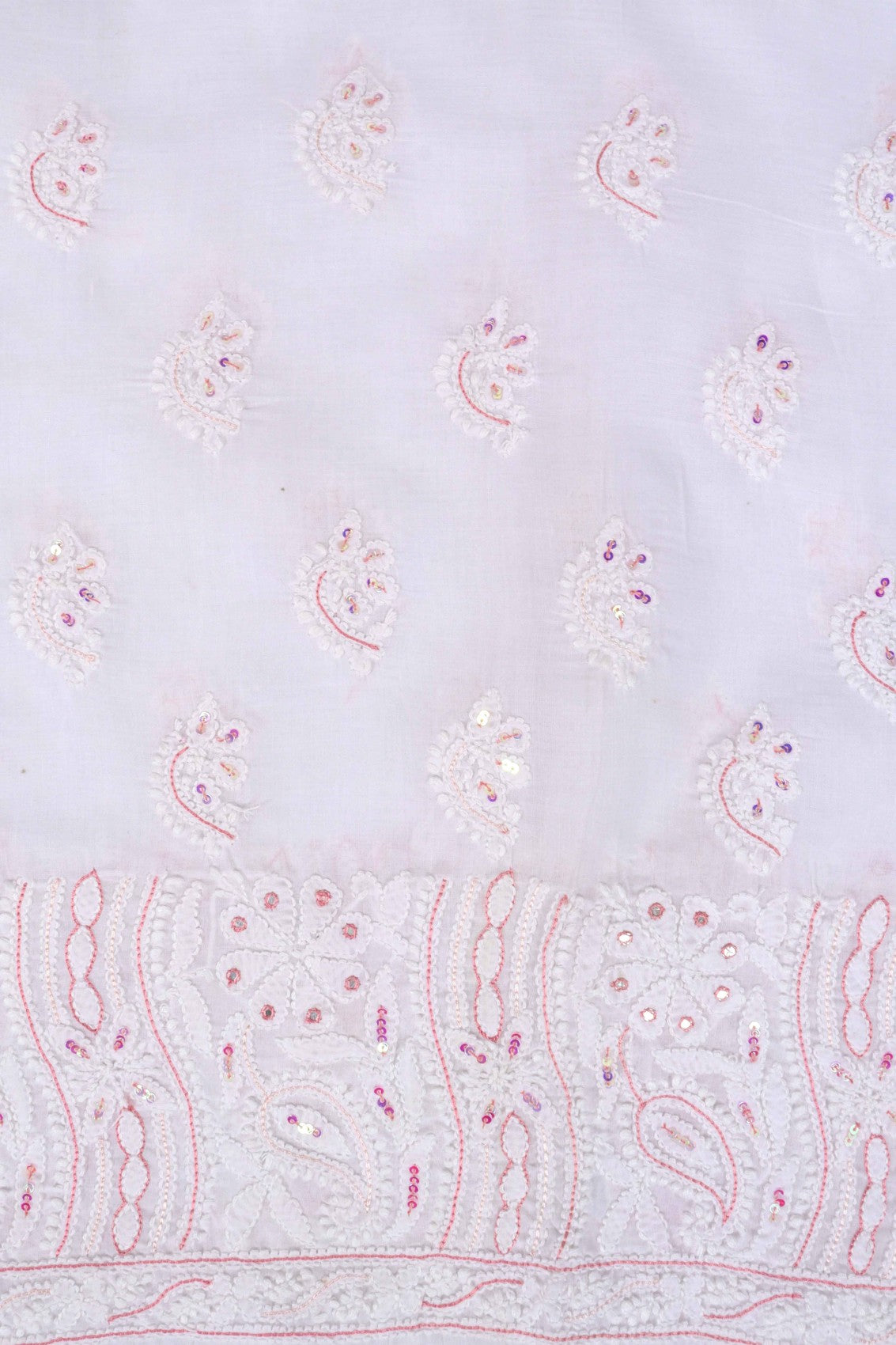 Ada Hand Embroidered White Cotton Lucknowi Chikankari Unstitched Suit Piece With Sequinned Work A100974
