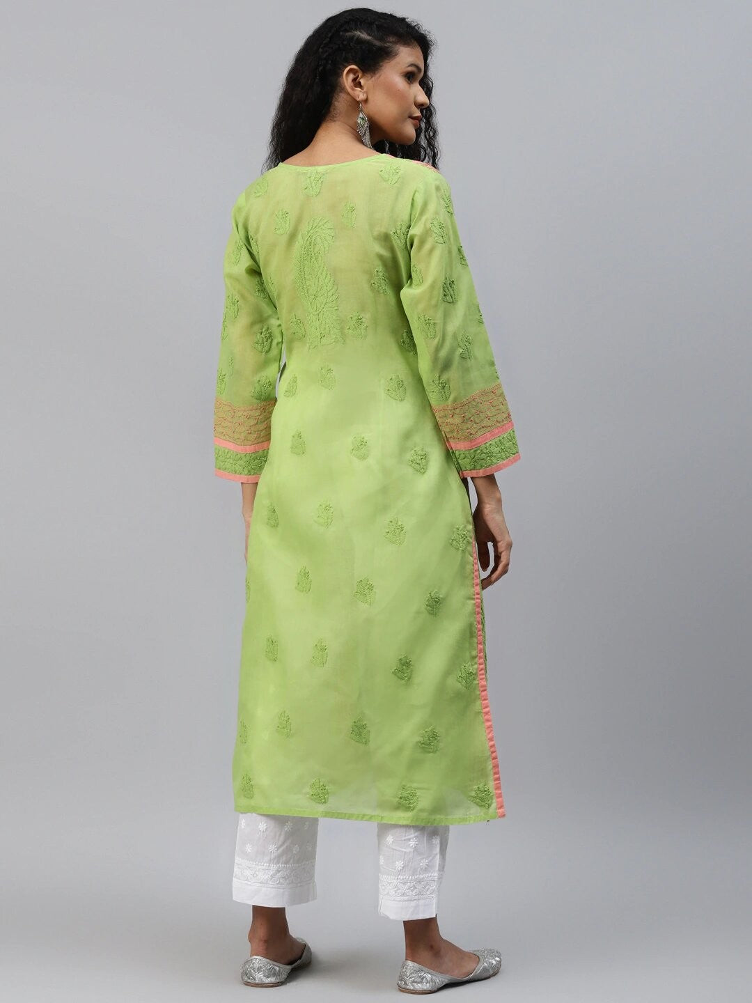 Ada Hand Embroidered Green Cotton Lucknow Chikan Kurta-A272661