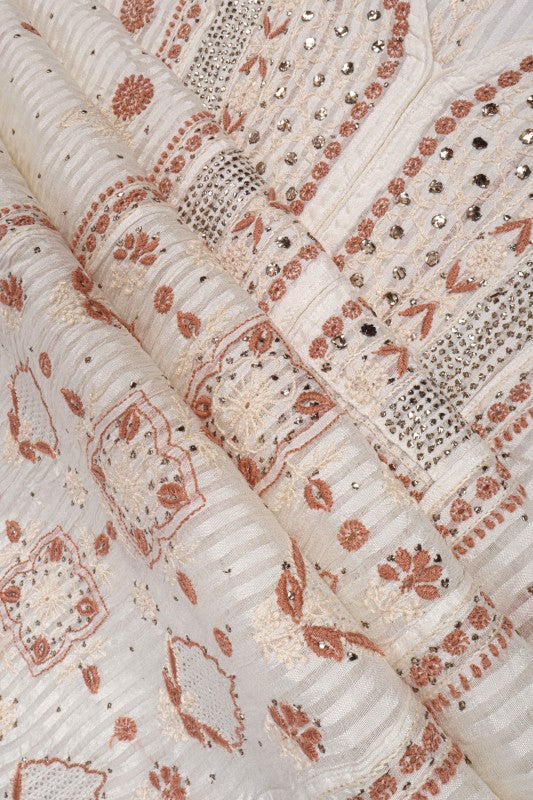 Ada Hand Embroidered Cream Chanderi Lucknowi Chikankari Unstitched Anarkali Kurta Dupatta Set With Muqaish Work 01A138198