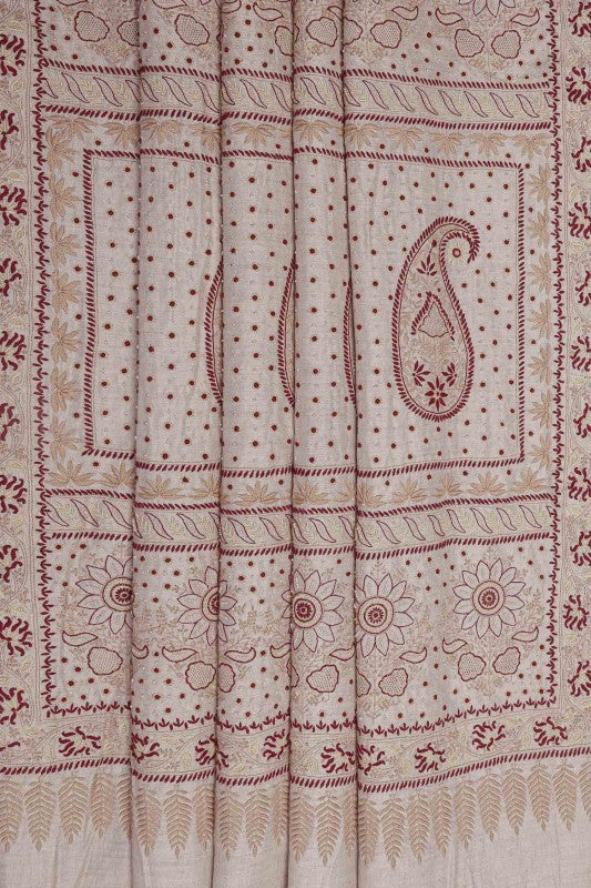 Ada Hand Embroidered Fawn Tusser Silk Lucknow Chikan Saree/Blouse With Pearl Work-A70568
