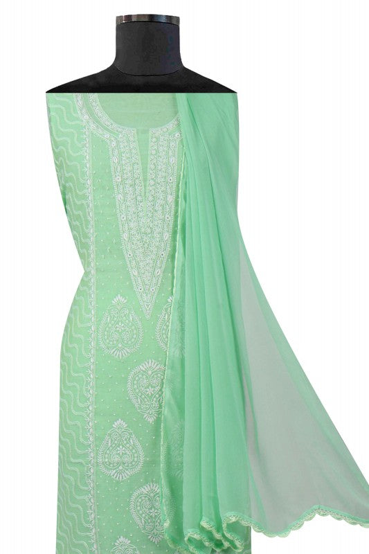 Ada Hand Embroidered Green Chanderi Lucknowi Chikan Unstitched Suit Piece A594933
