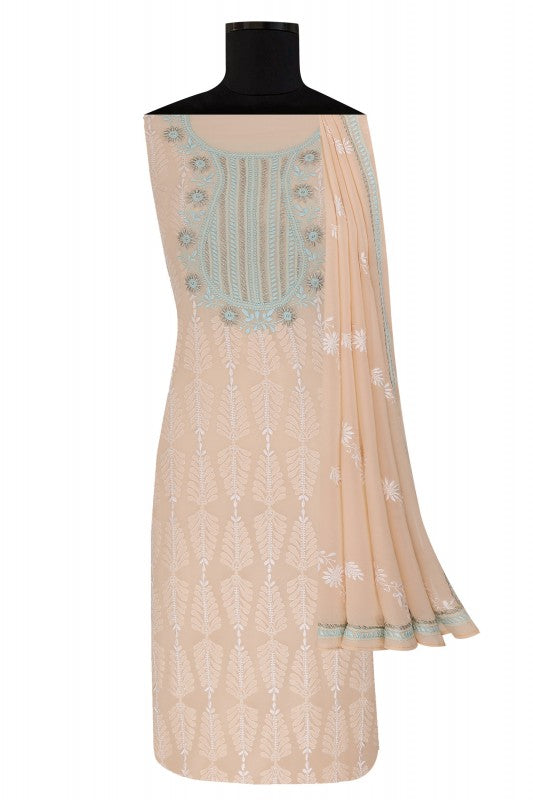 Ada Hand Embroidered Naive Peach Pure Georgette Lucknowi Chikan Unstitched Suit Piece- A49184