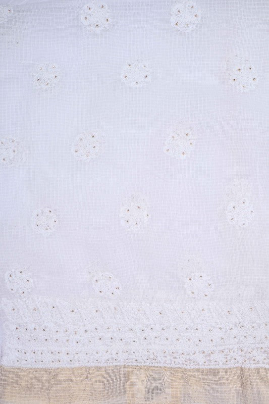 Ada Hand Embroidered White Kota Lucknowi Chikan Unstitched Kurta Piece With Muqaish Work A619166