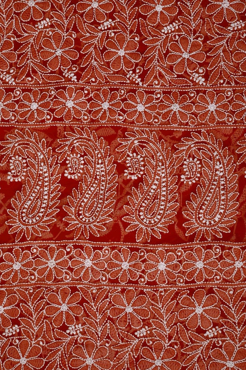 Ada Hand Embroidered Red Georgette Lucknowi Chikankari Saree with Blouse A611557