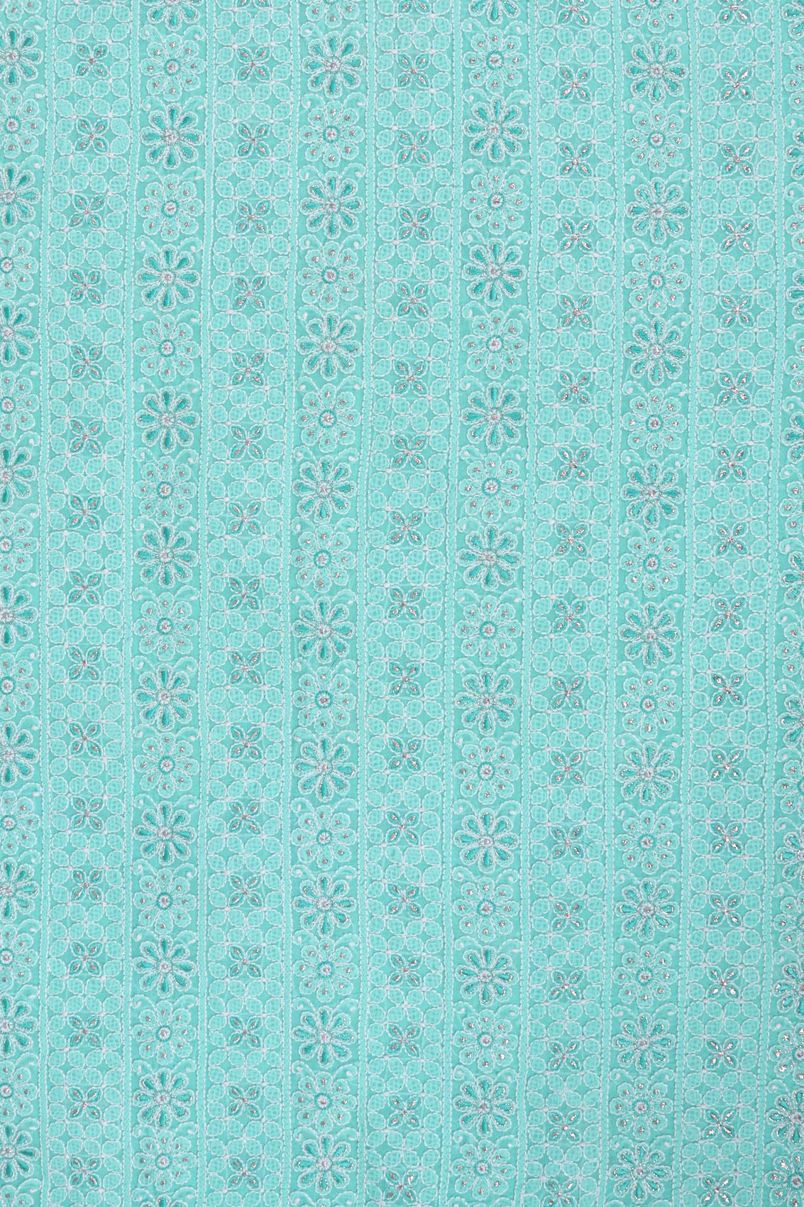 Ada Hand Embroidered Sea Green Cotton Lucknowi Chikankari Unstitched Suit Piece With Silver Lurex 01A220599