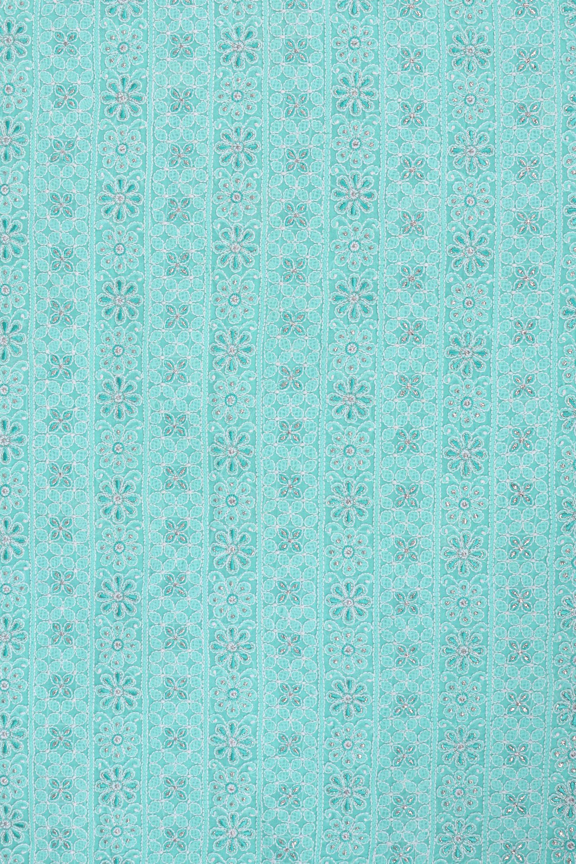 Ada Hand Embroidered Sea Green Cotton Lucknowi Chikankari Unstitched Suit Piece With Silver Lurex 01A220599