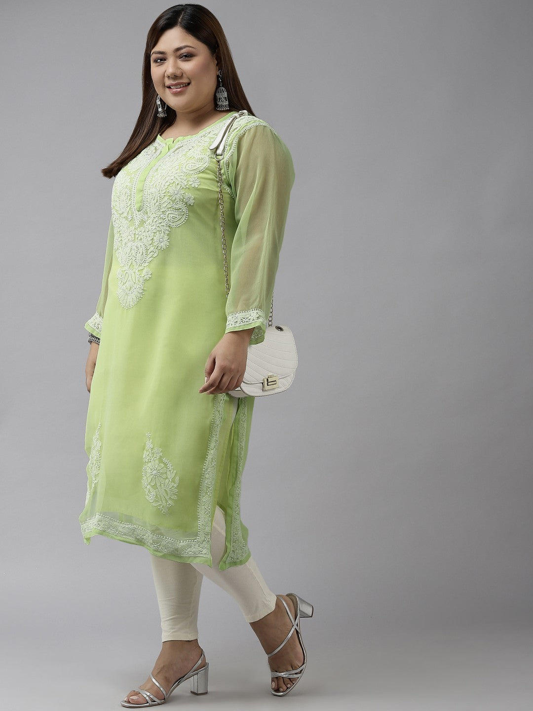Ada Hand Embroidered Parrot Green Georgette Lucknowi Chikankari Straight Kurta With Slip A411365