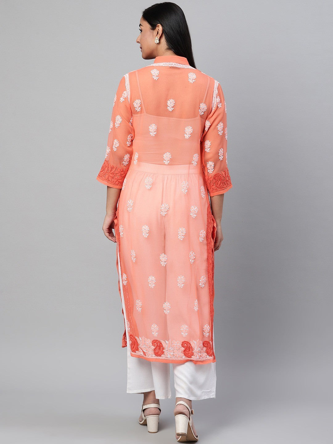 Ada Hand Embroidered Orange Georgette Lucknowi Chikankari Straight Kurta-A272355