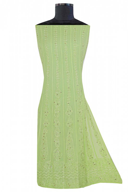 Ada Hand Embroidered Pear Green Georgette Lucknowi Chikankari Semi-stitched Anarkali Kurta Dupatta Set With Muqaish Work A619754