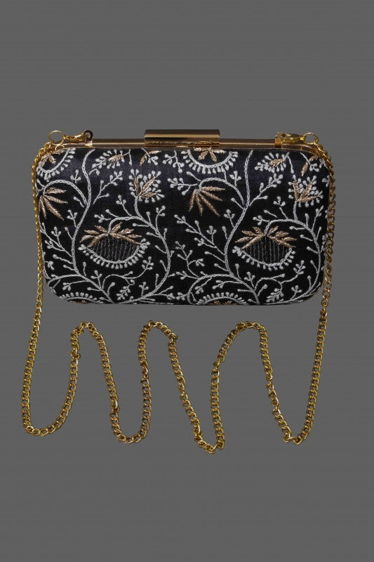 Ada Hand Embroidered Black Silk Lucknow Chikankari Clutch-A601426