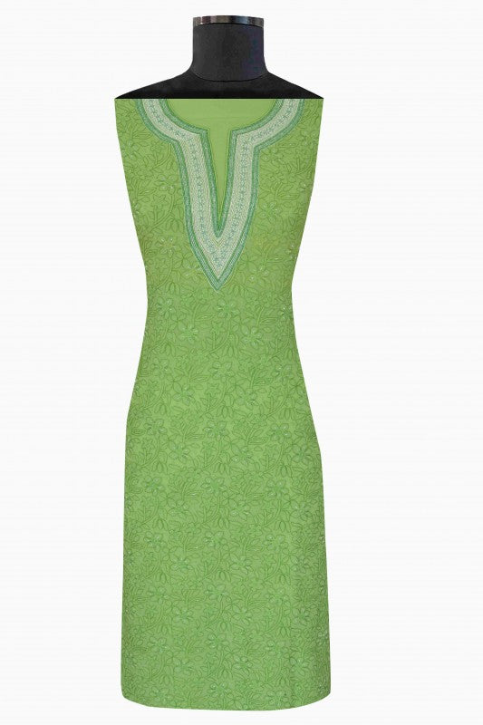 Ada Hand Embroidered Green Pure Georgette Lucknowi Chikan Unstitched Kurta Dupatta Set With Pearl Work-A279695