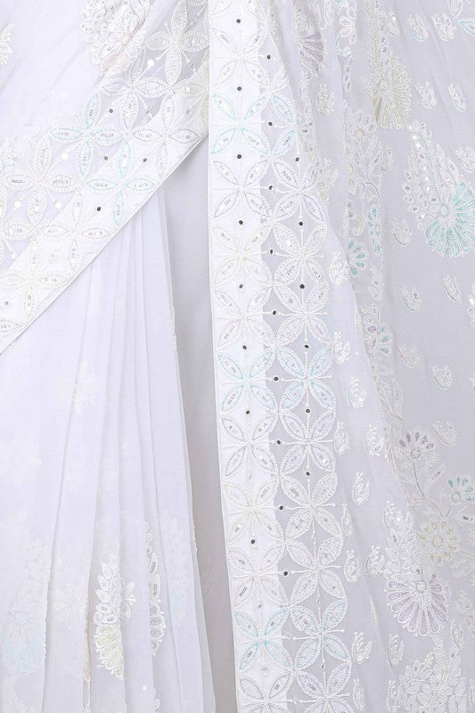Ada Hand Embroidered White Georgette Lucknowi Chikankari Saree/Blouse with Sequinned Work A260377