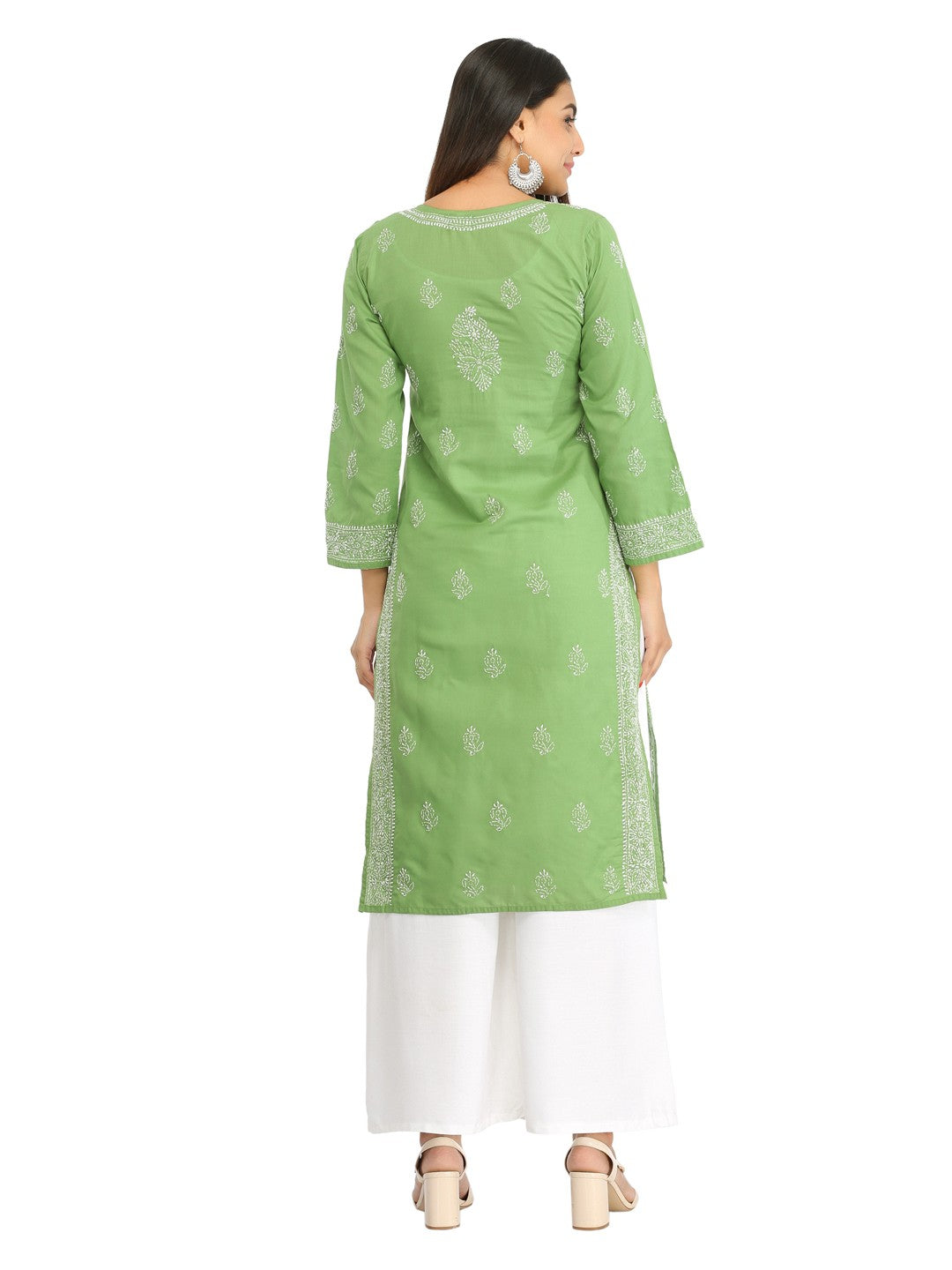 Ada Hand Embroidered Green Cotton Lucknow Chikan Straight Kurta A321387