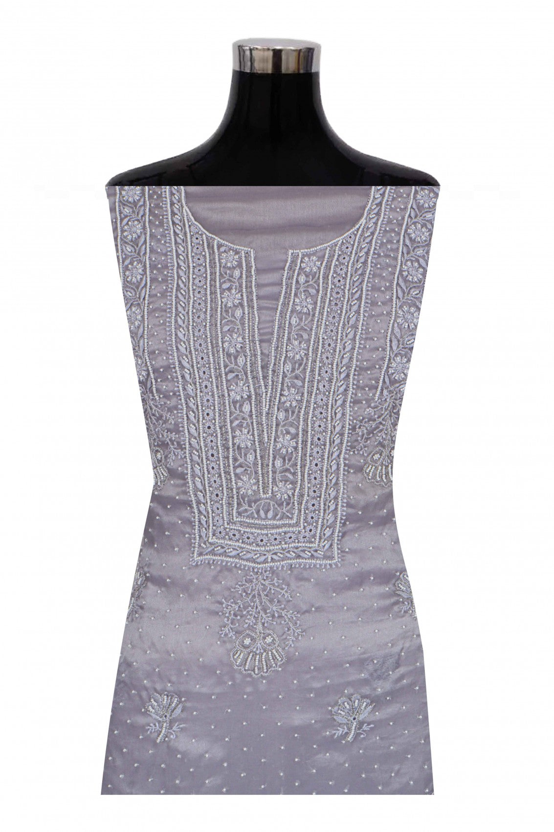 Ada Hand Embroidered Light Grey Organza Lucknowi Chikankari Unstitched Kurta Piece With Pearl Work A581353