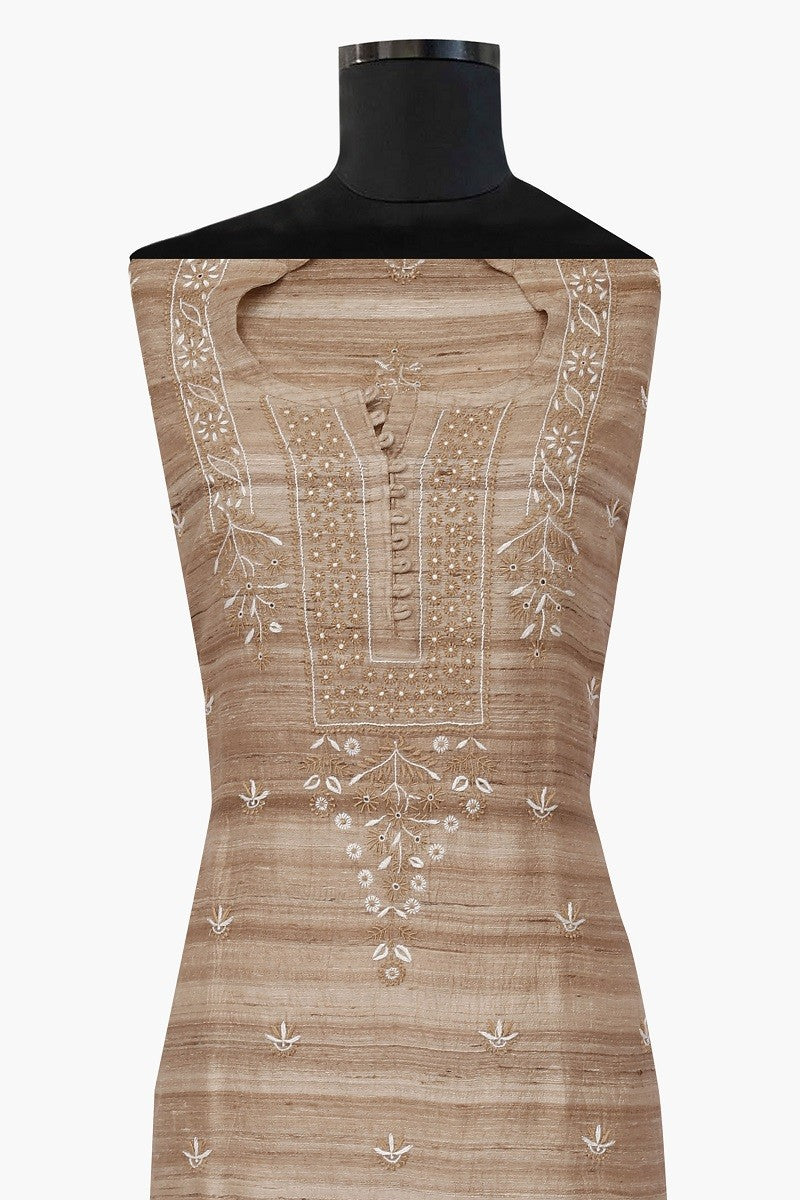 Ada Hand Embroidered Sand Fawn Ghicha Silk Lucknowi Chikan Unstitched Kurta Piece–A601199