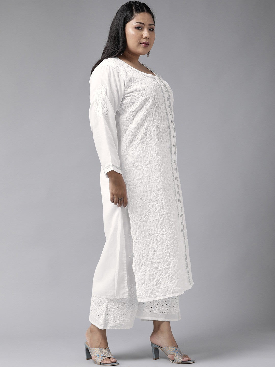Ada Hand Embroidered White Cotton Lucknowi Chikankari Straight Kurta With Zari Work A345926