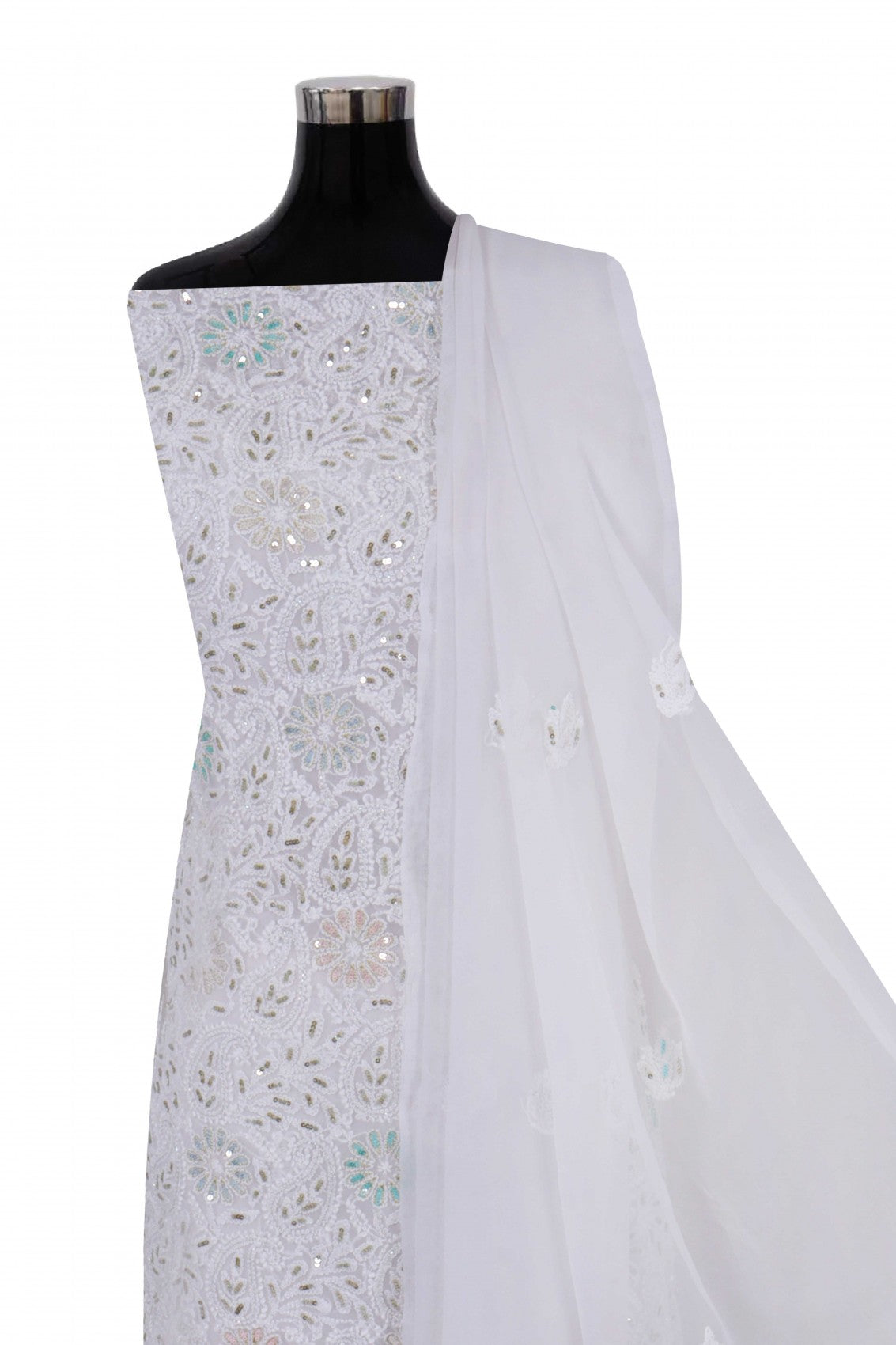 Ada Hand Embroidered White Georgette Lucknowi Chikankari Unstitched Suit Piece With Sequinned Work  A608146