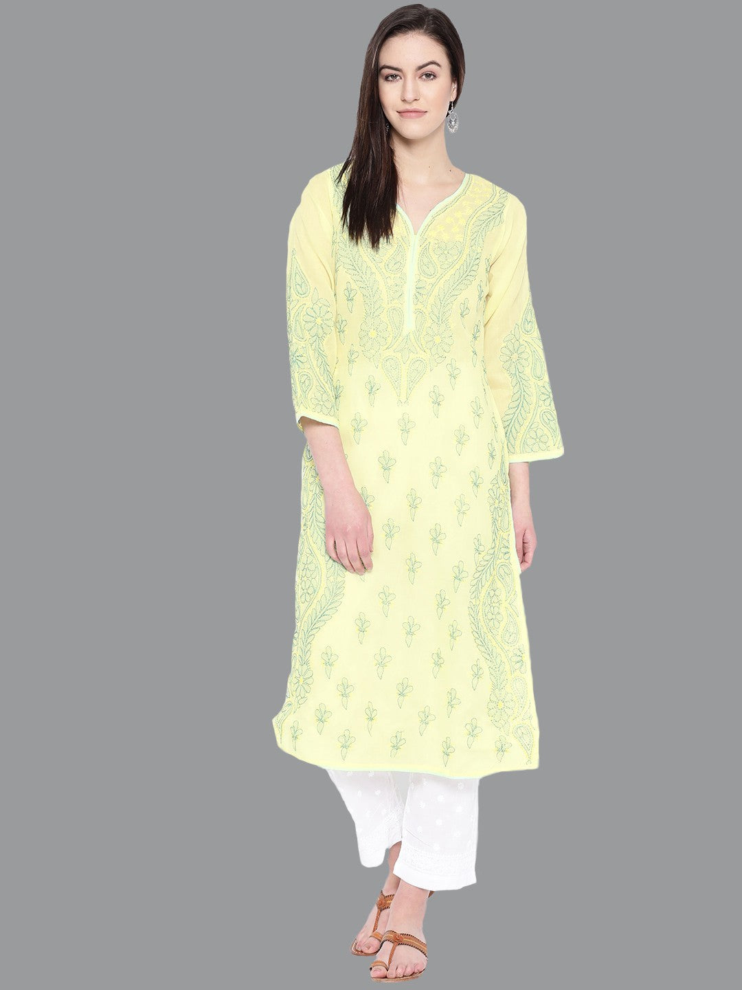 Ada Hand Embroidered Lemon Cotton Lucknow Chikankari Kurta with Palazzo Set A100228