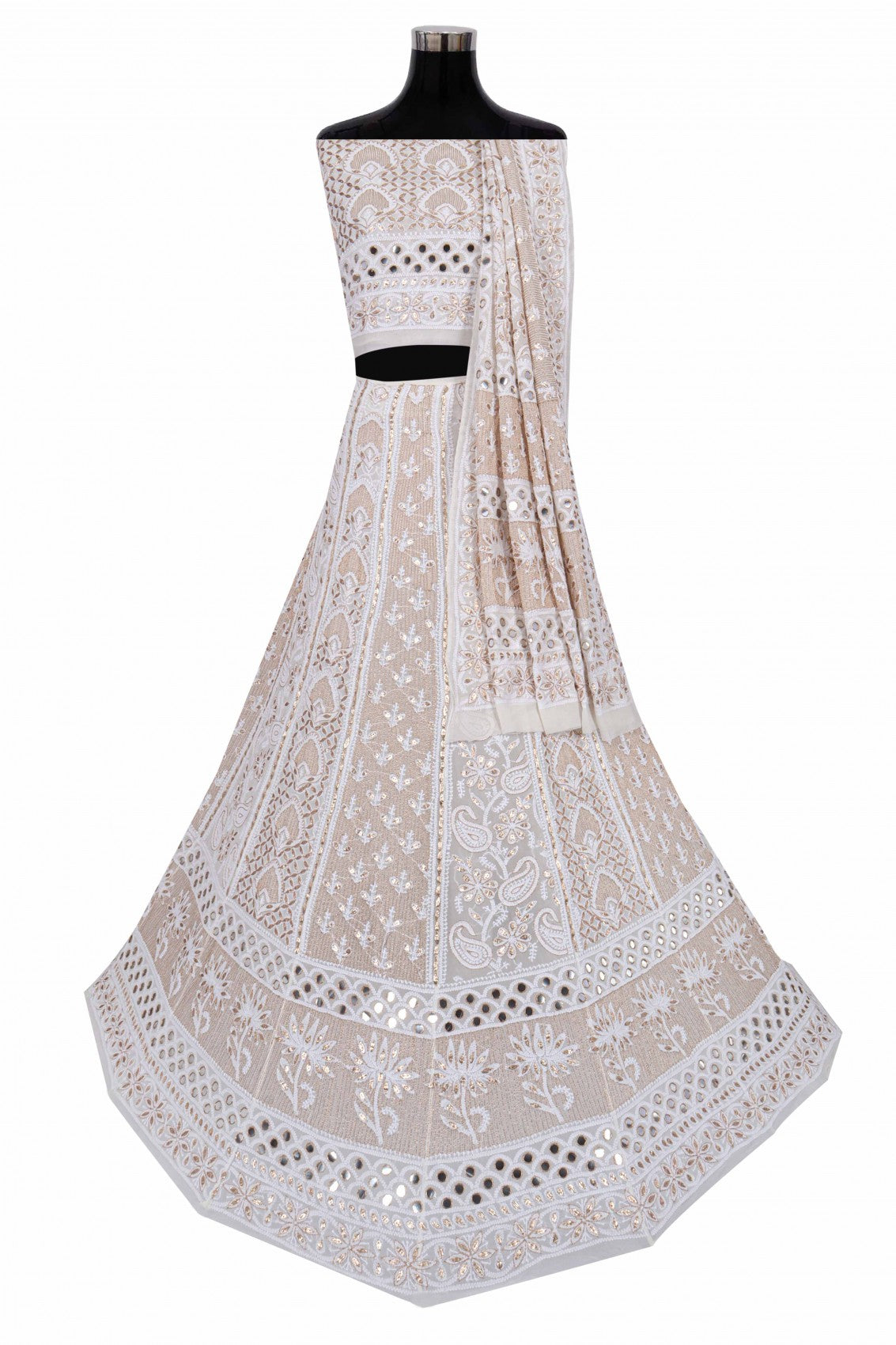 Ada Hand Embroidered White Pure Georgette Lucknowi Chikankari Lehenga Set With Gota Patti Work 01A162841
