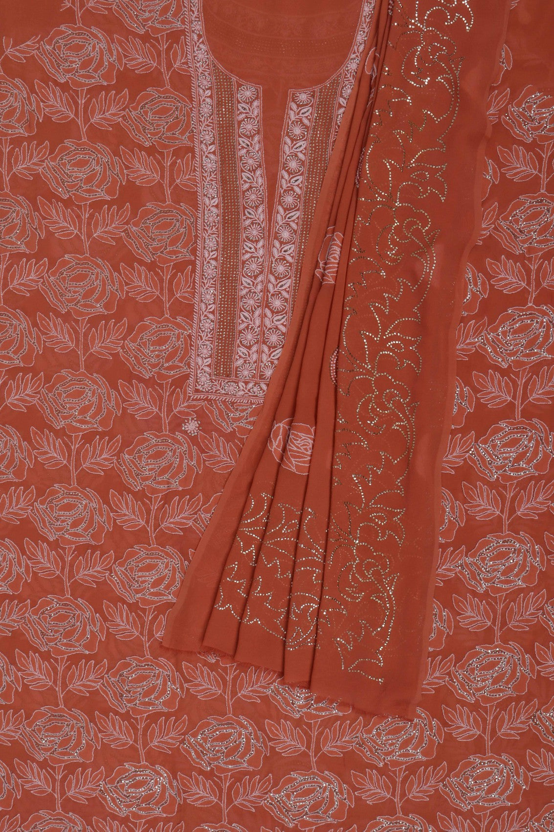 Ada Hand Embroidered Rust Pure Georgette Lucknowi Chikankari Unstitched Suit Piece With Muqaish Work A561330