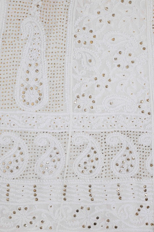 Ada Hand Embroidered White Viscose Georgette Semi-stitched Anarkali Kurta Dupatta With Muqaish Work- A621530