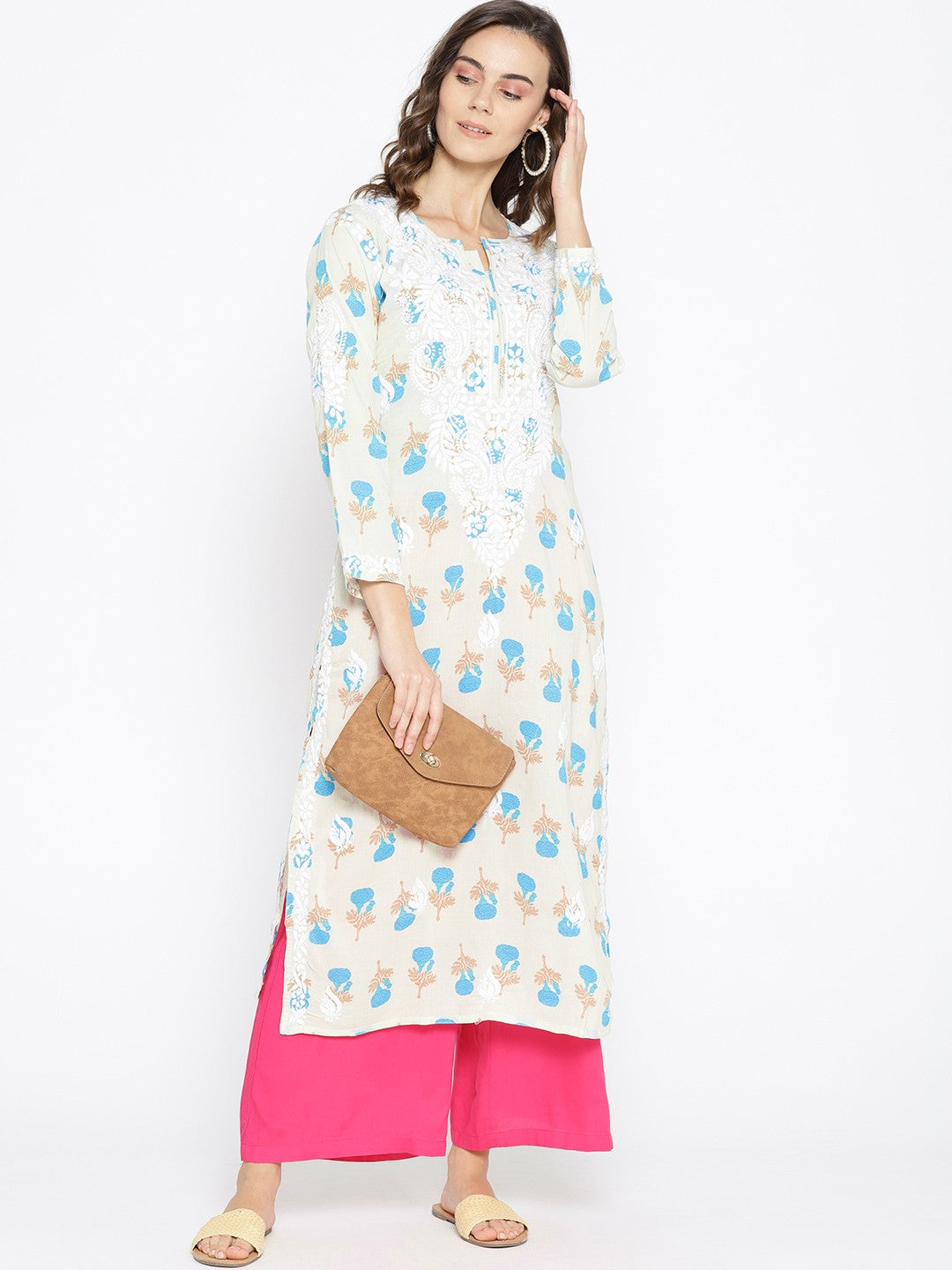 Ada Hand Embroidered Fawn Blue Cotton Lucknowi Chikankari Straight Kurta- A100036