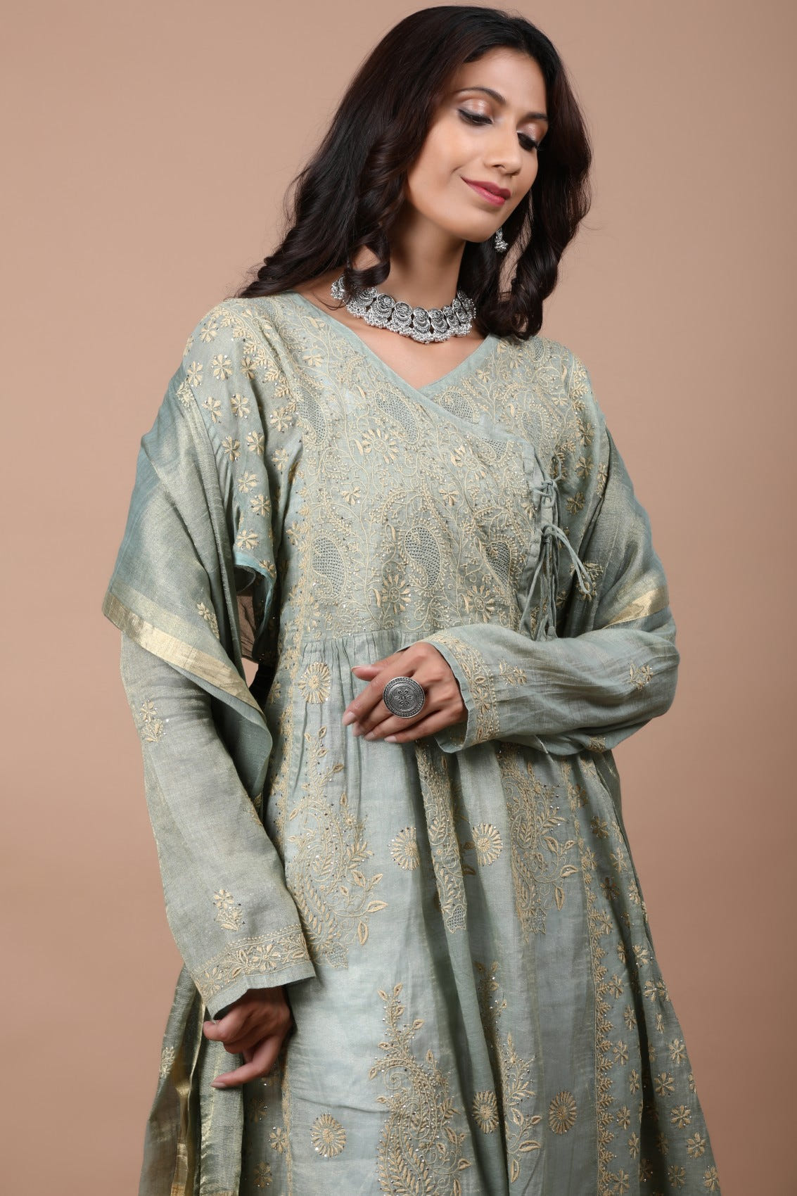 Ada Hand Embroidered Pickle Green Tissue Lucknowi Chikankari Semi-stitched Kurta Dupatta Set With Muqaish Work 01A189051