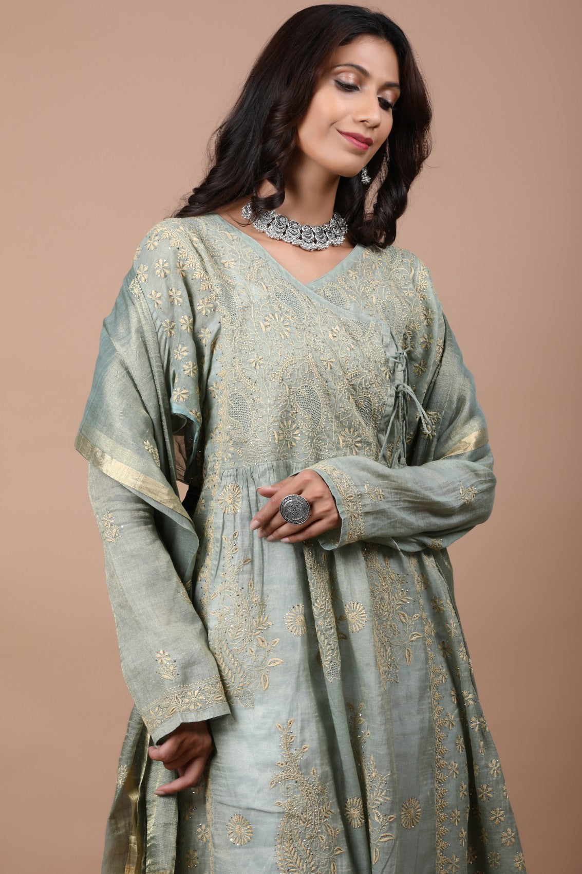 Ada Hand Embroidered Pickle Green Tissue Lucknowi Chikankari Semi-stitched Kurta Dupatta Set With Muqaish Work 01A189051