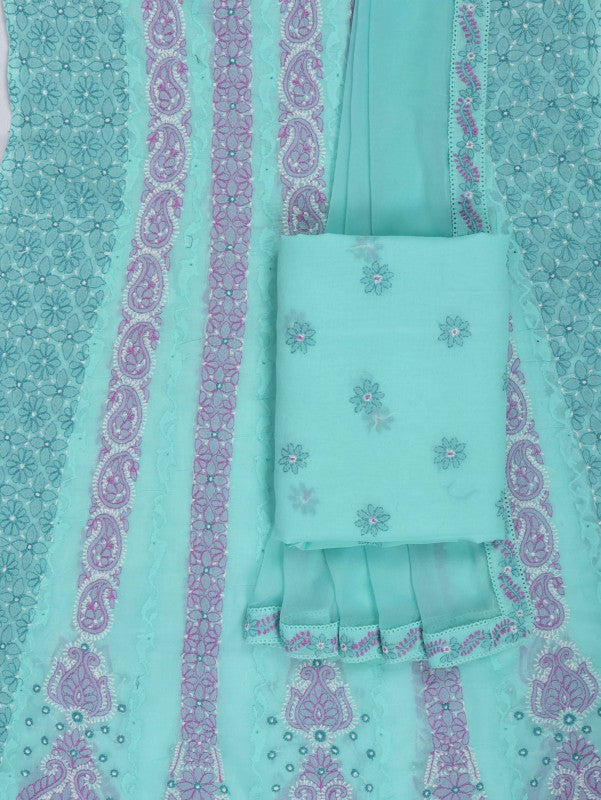 Ada Hand Embroidered Sea Green Cotton Lucknowi Chikankari Unstitched Suit Piece 01A79223