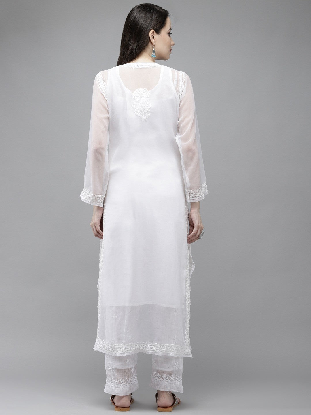 Ada Hand Embroidered White Georgette Lucknow Chikan Straight Kurta With Slip A411296