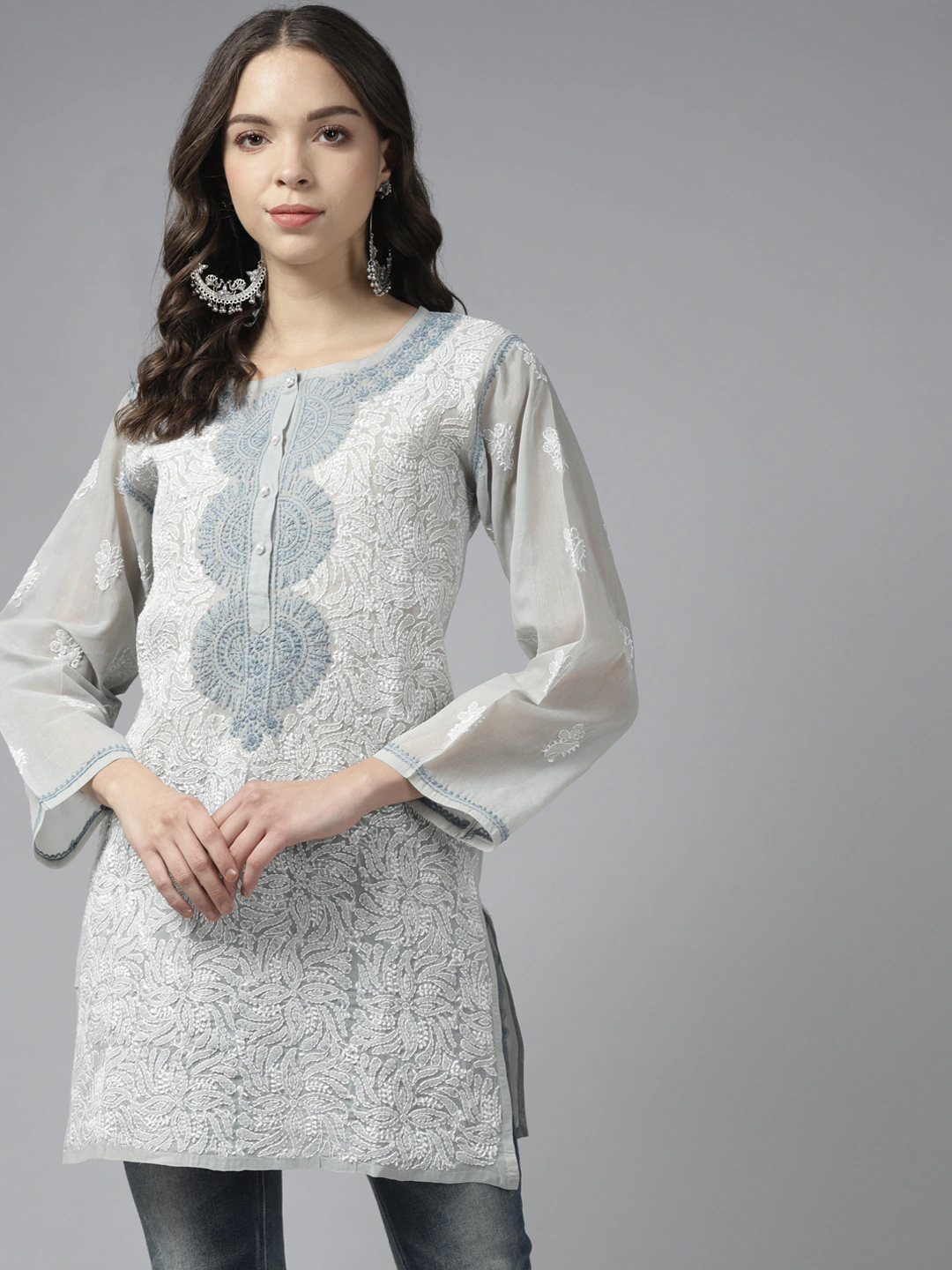 Ada Hand Embroidered Grey Cotton Lucknowi Chikankari Short Kurti -A273681