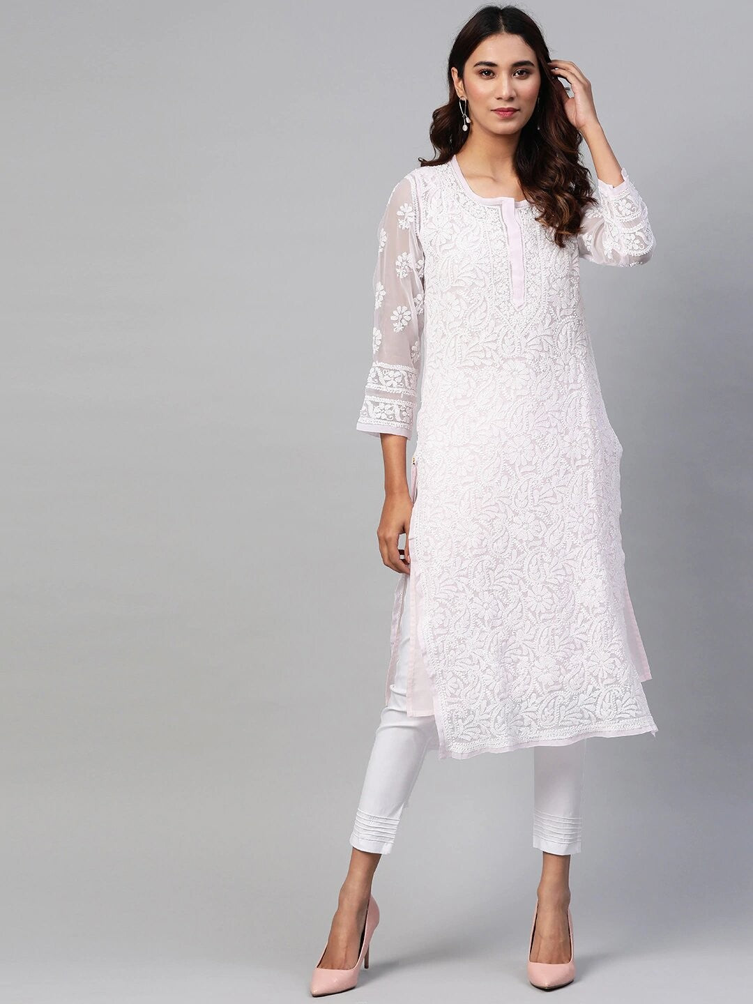 Ada Hand Embroidered Baby Pink Georgette Lucknowi Chikankari Kurta Set with Slip A811158