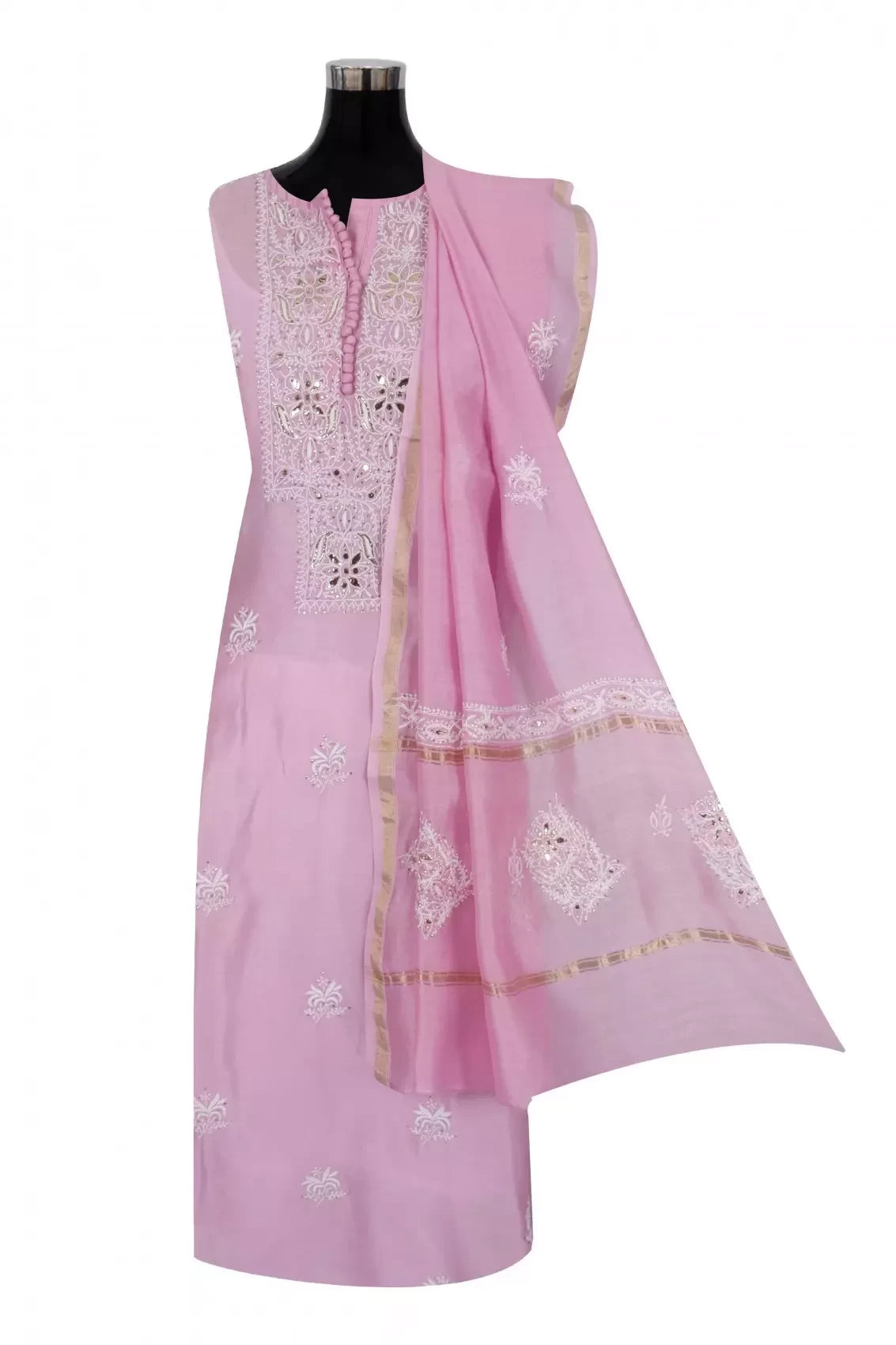 Ada Hand Embroidered Pink Chanderi Lucknowi Chikankari Unstitched Kurta Dupatta Set With Muqaish Work 01A216286