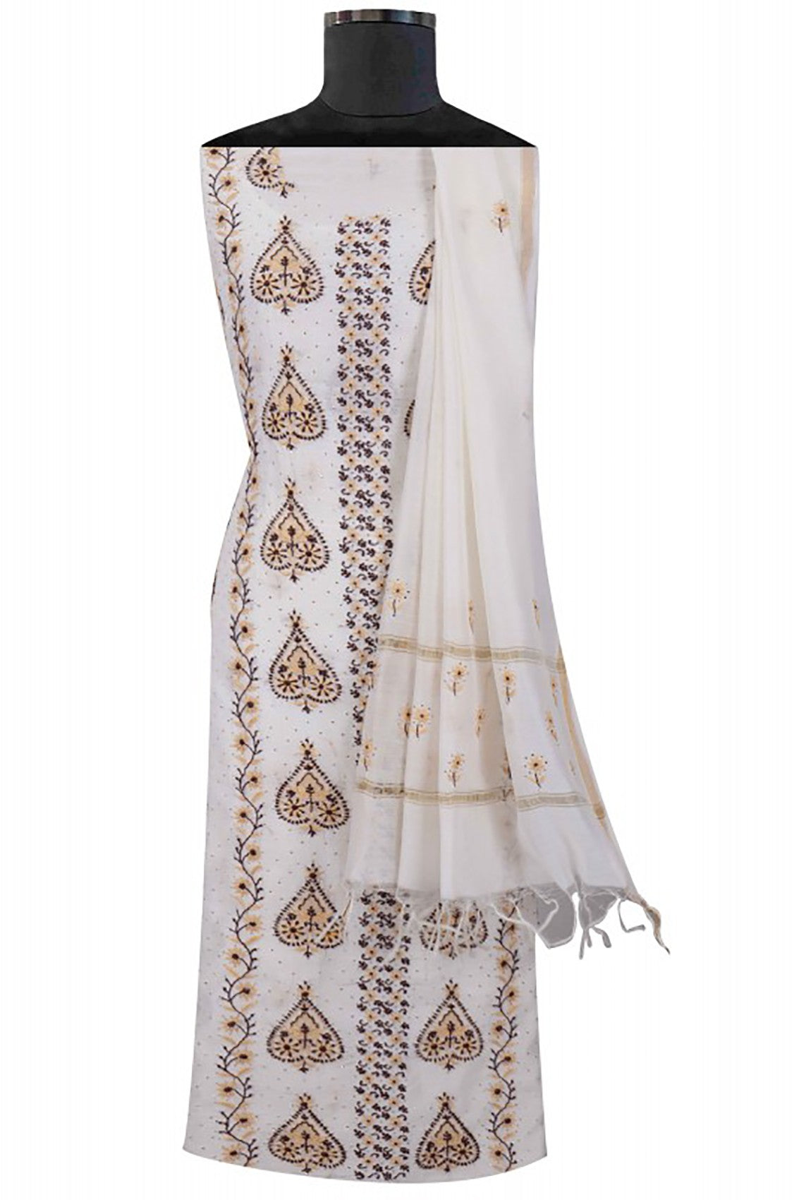 Ada Hand Embroidered Cream Chanderi Lucknowi Chikankari Unstitched Kurta Dupatta Set With Muqaish Work A570898