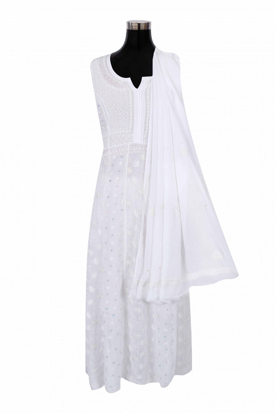 Ada Hand Embroidered White Georgette Lucknowi Chikankari Semi-Stitched Anarkali Kurta Dupatta Set With Pearl Work 01A223203
