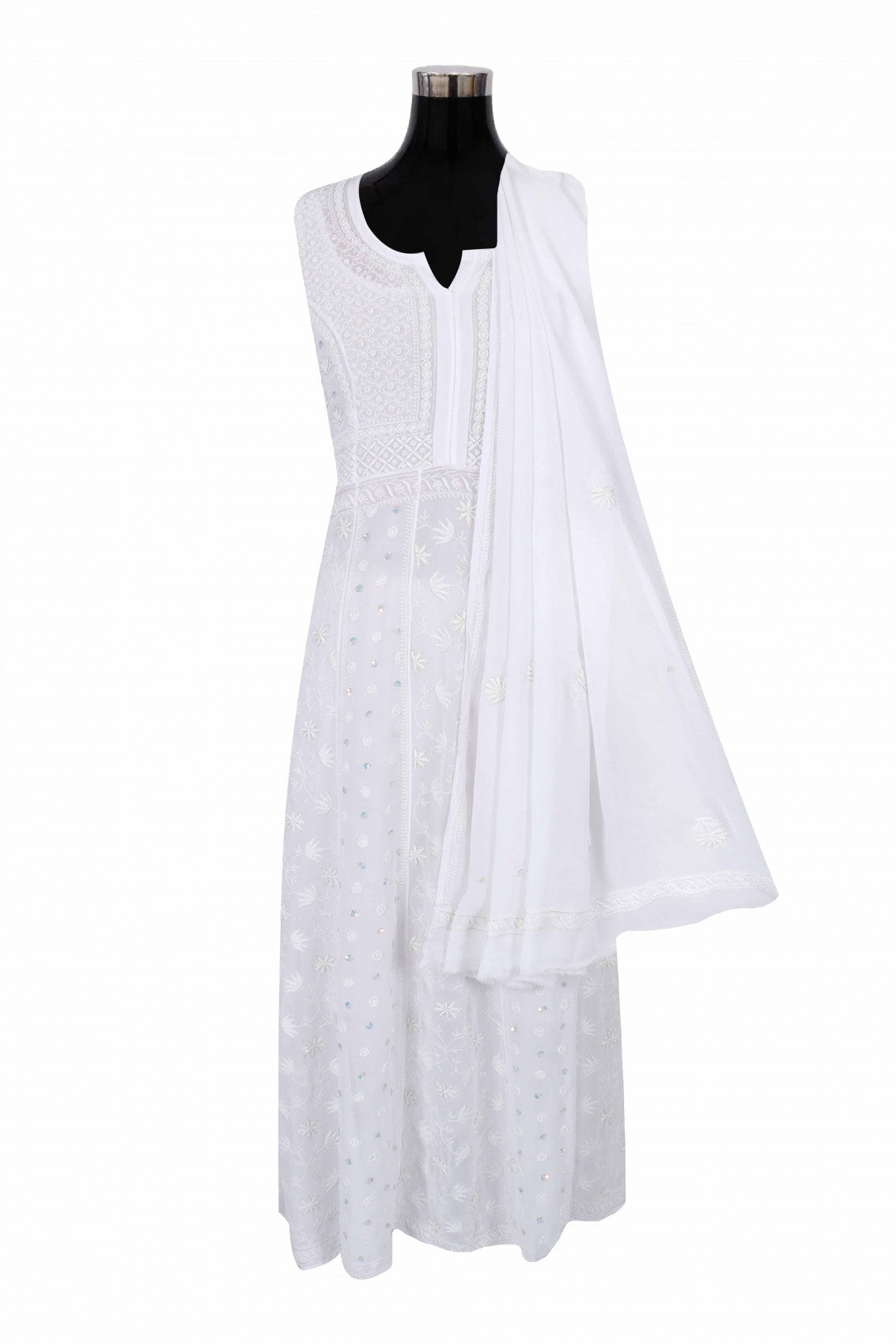 Ada Hand Embroidered White Georgette Lucknowi Chikankari Semi-Stitched Anarkali Kurta Dupatta Set With Pearl Work 01A223203