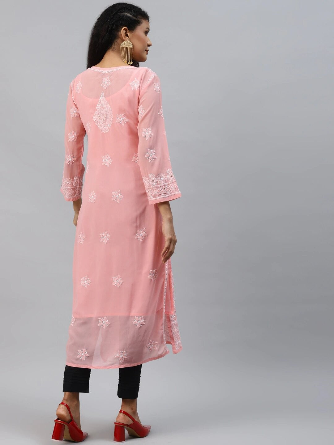 Ada Hand Embroidered Peach Georgette Lucknow Chikankari Straight Kurta/Slip with Muqaish Work A411218