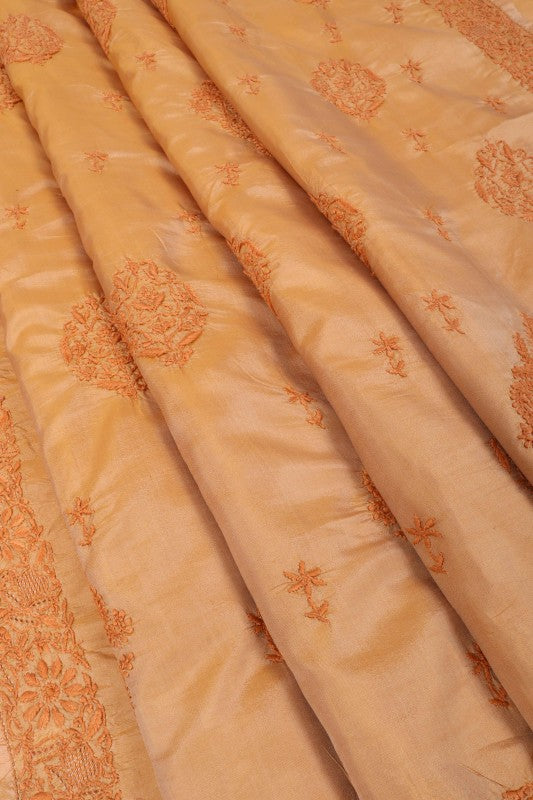 Ada Hand Embroidered Natural Dark Fawn Silk Lucknowi Chikankari Saree With Blouse 01A77505