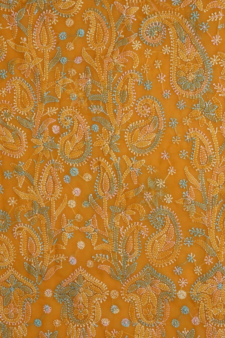 Ada Hand Embroidered Mustard Georgette Lucknowi Chikan Unstitched Suit Piece A211173