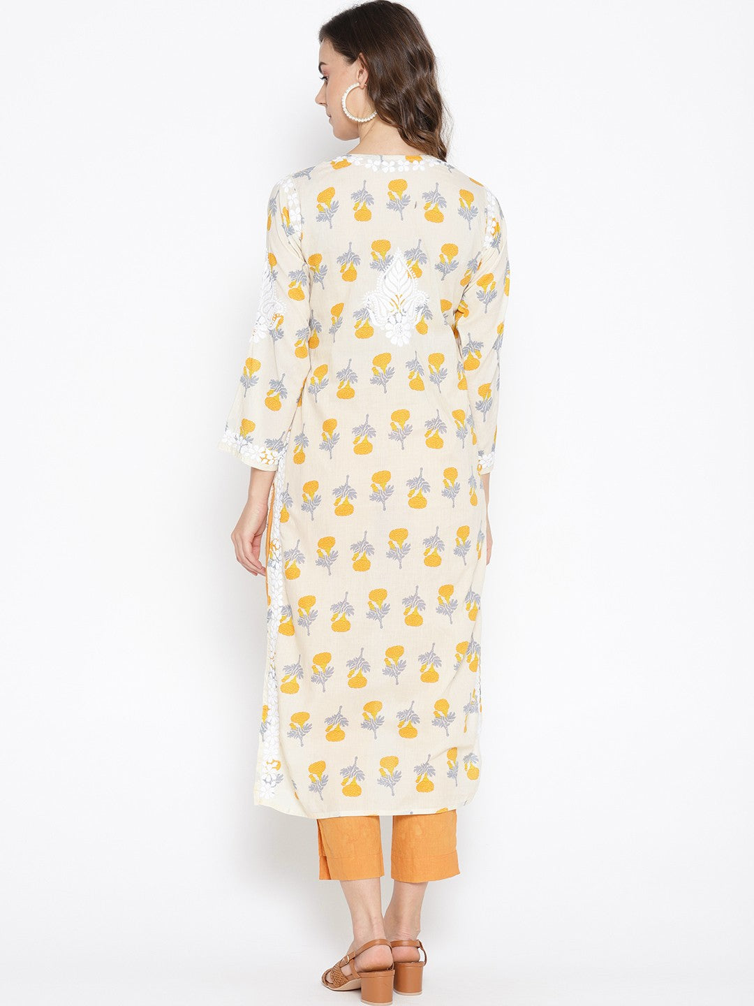 Ada Hand Embroidered Fawn Yellow Cotton Lucknow Chikankari Kurta- A100027