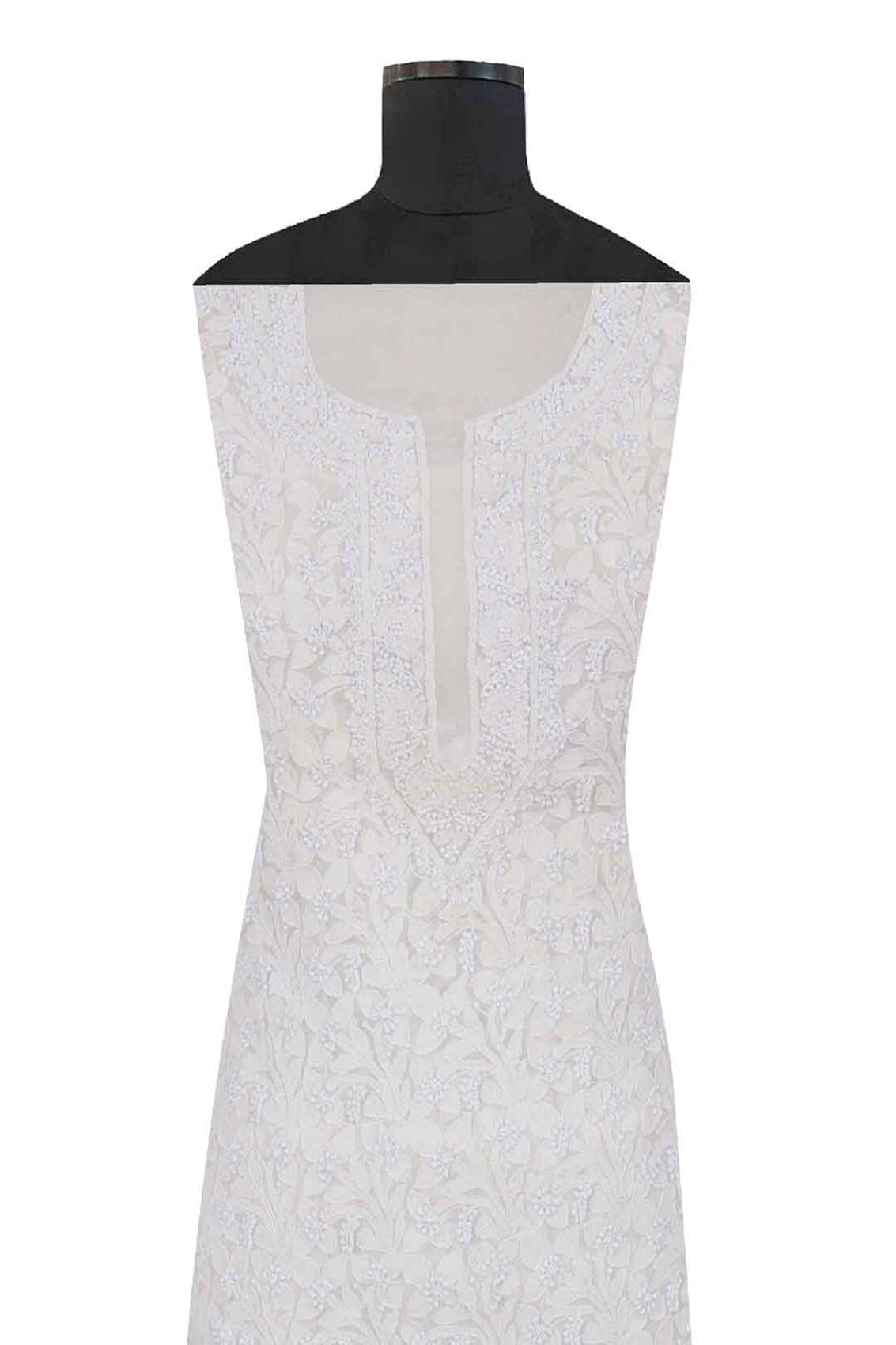 Ada Hand Embroidered Cream Chiffon Lucknowi Chikankari Unstitched Kurta Piece A94868