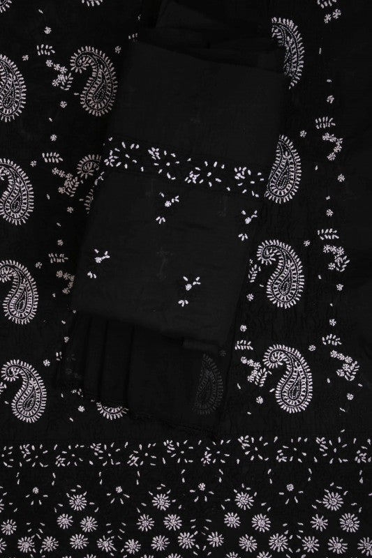Ada Hand Embroidered Black Cotton Lucknowi Chikan Unstitched Suit Piece A211124