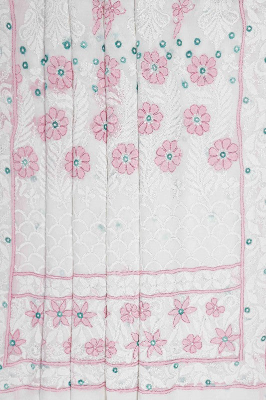 Ada Hand Embroidered White Georgette Lucknowi Chikankari Saree with Blouse A610319