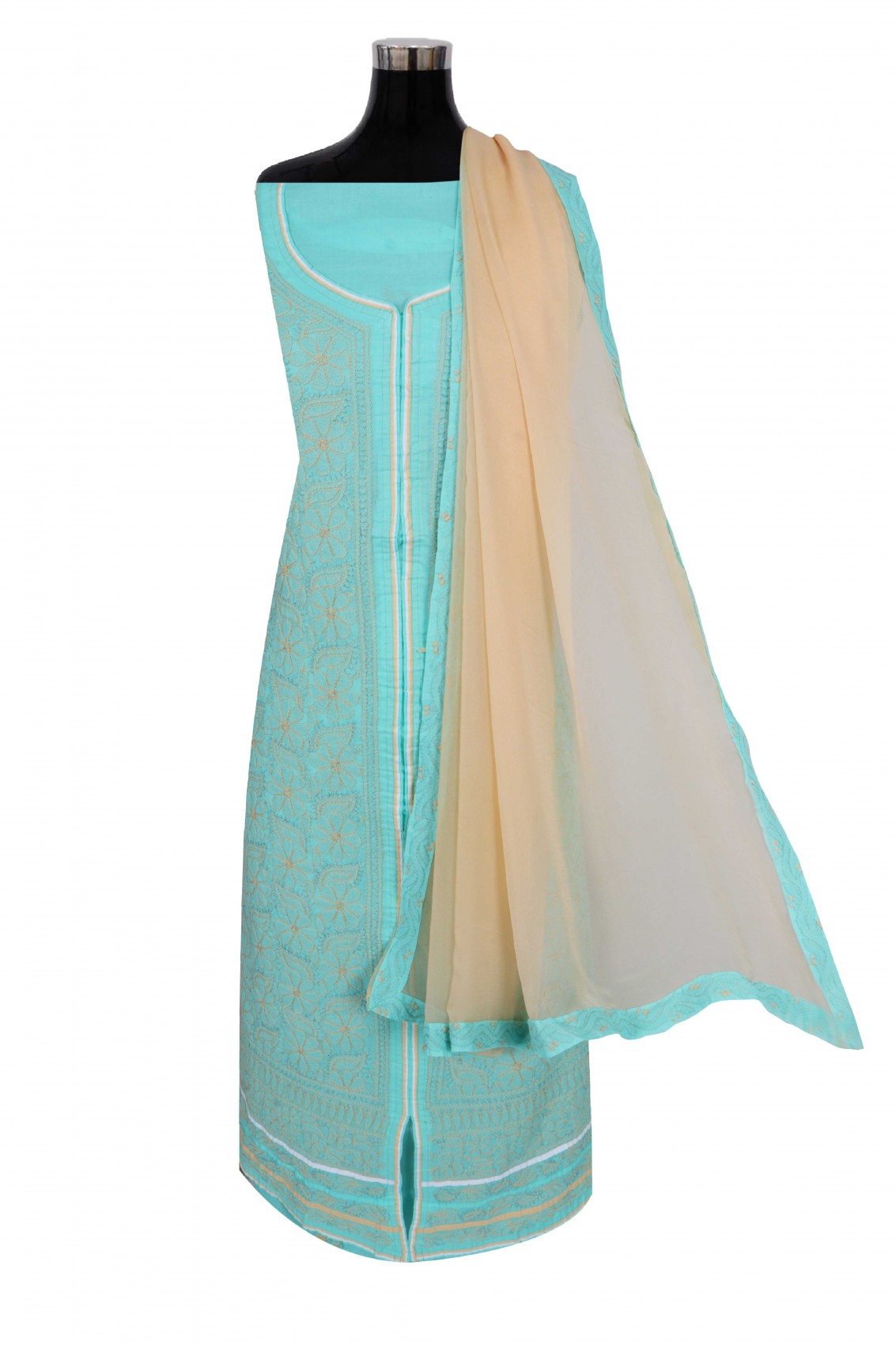 Ada Hand Embroidered Sea Green Cotton Lucknowi Chikankari Unstitched Suit Piece 01A193485