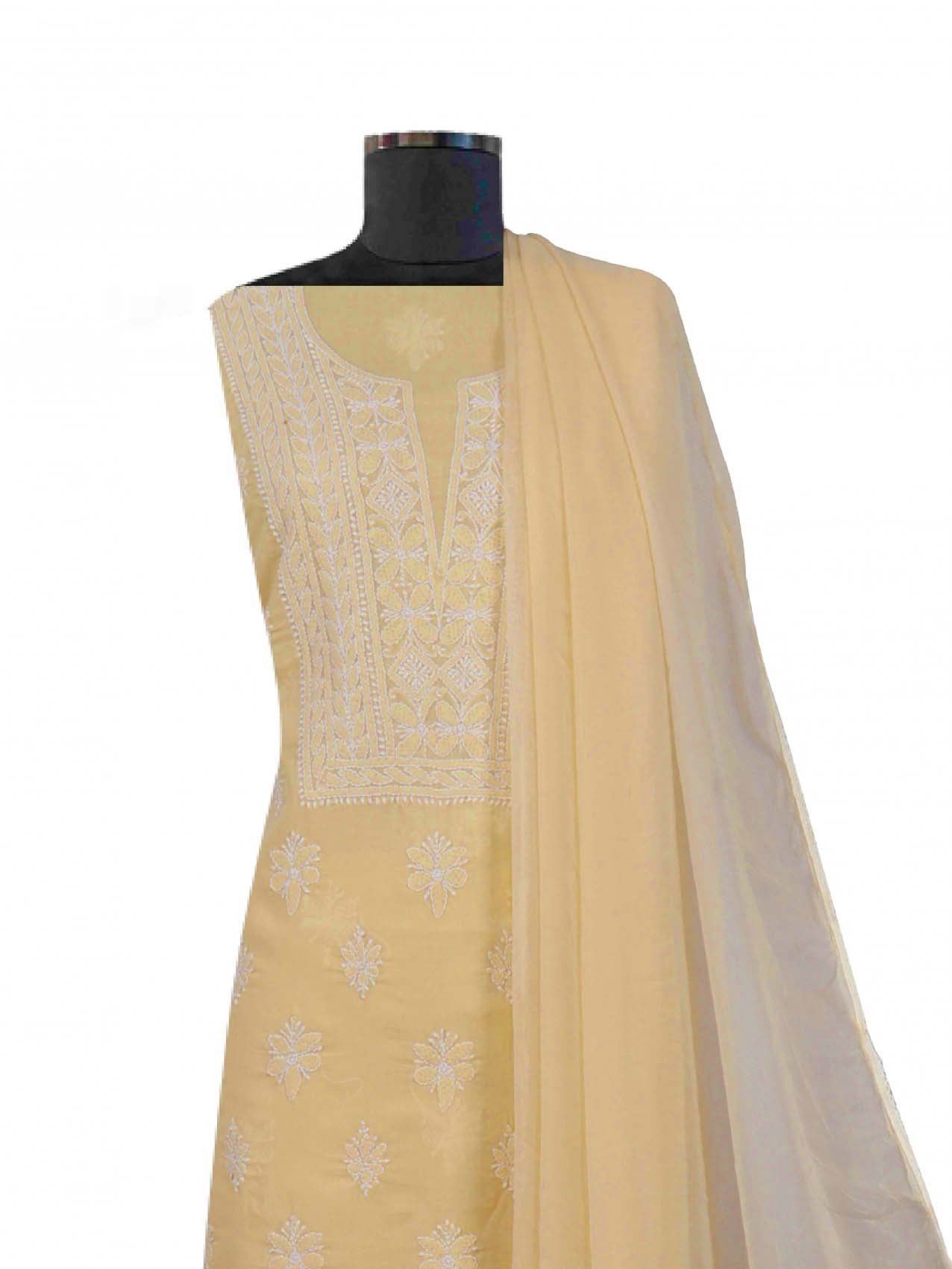 Ada Hand Embroidered Dark Fawn Cotton Lucknowi Chikankari Unstitched Suit Piece 01A193610