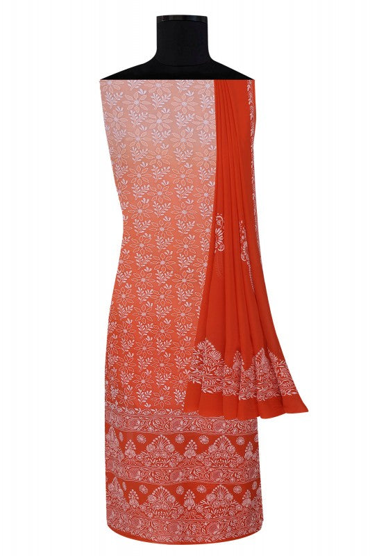 Ada Hand Embroidered Peach/Orange Shaded Pure Georgette Lucknowi Chikan Unstitched Suit Piece A37009