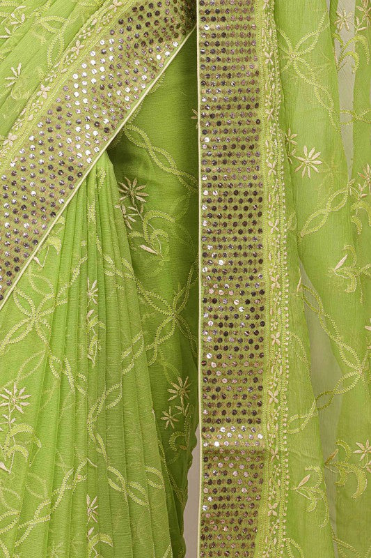 Ada Hand Embroidered Light Green Chiffon Lucknowi Chikankari Saree With Blouse With Muqaish Work- A201402