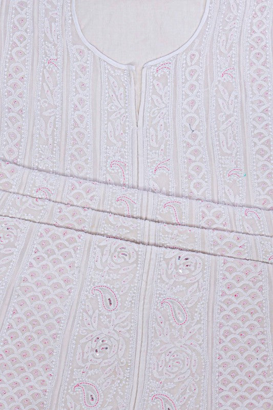 Ada Hand Embroidered White Pure Georgette Lucknowi Chikankari Semi-stitched Anarkali Kurta Dupatta Set With Sequinned & Pearl Work- A623655