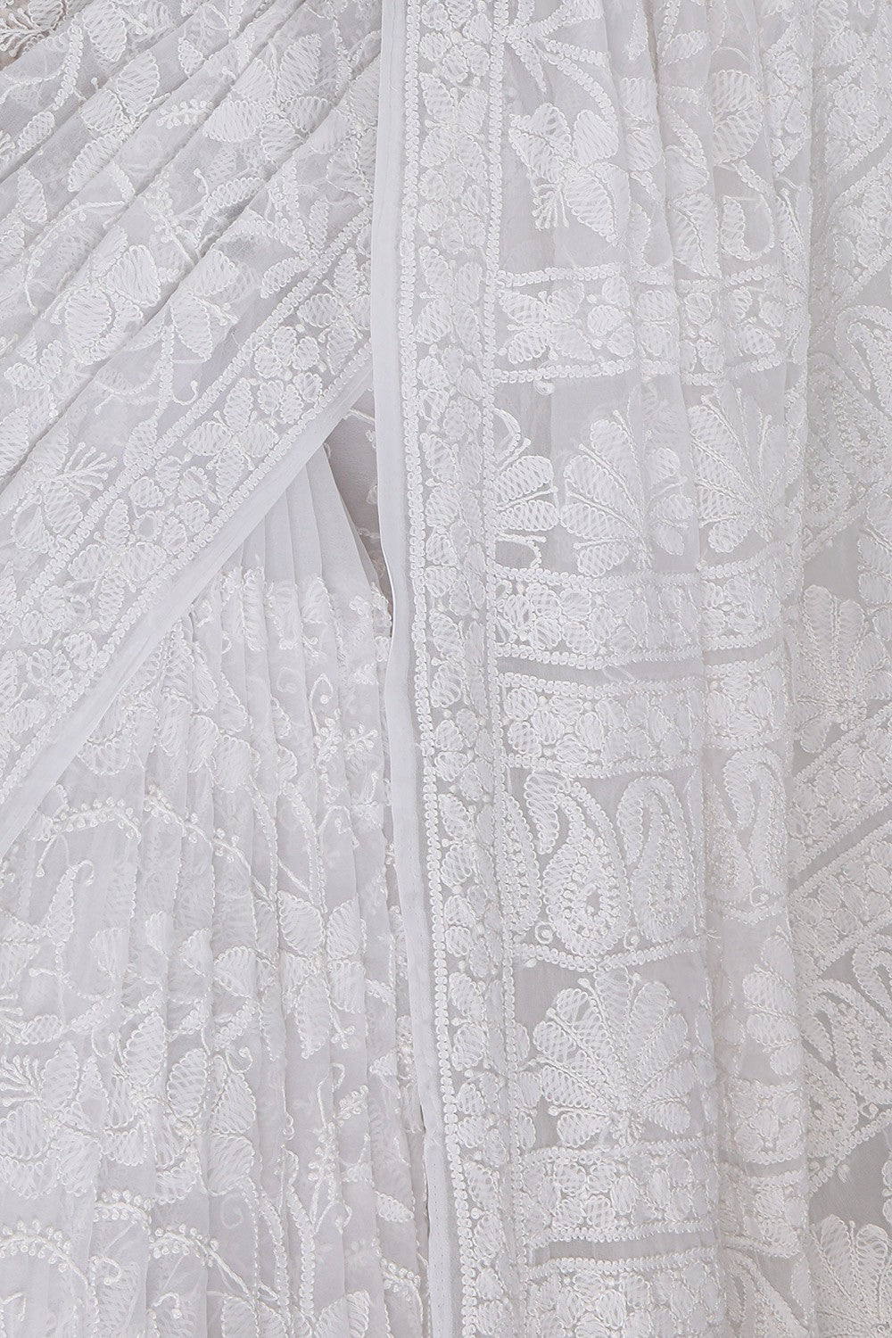 Ada Hand Embroidered White Georgette Lucknowi Chikankari Saree with Blouse A602895