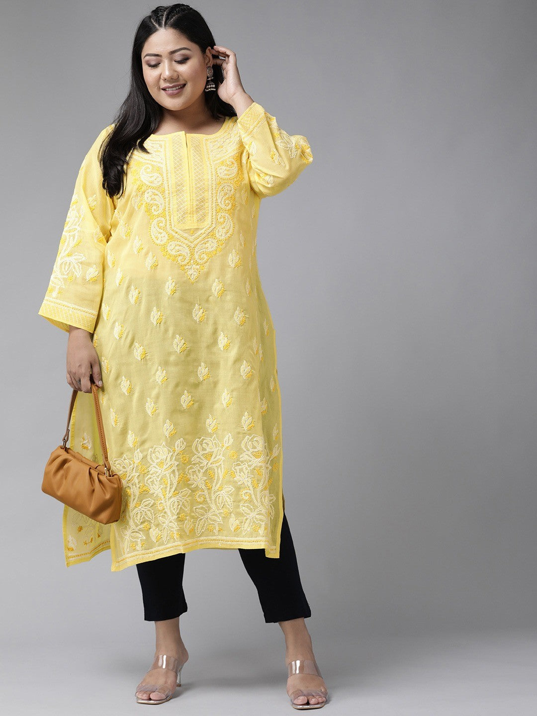 Ada Hand Embroidered Yellow Cotton Lucknowi Chikankari Straight Kurta A229829